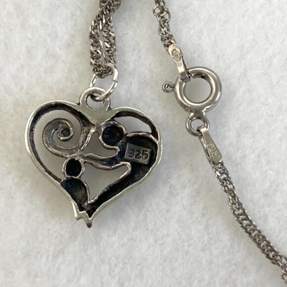 Sterling Silver 925 Mother & Child Scrollwork Heart Pendant Necklace 18" Chain - Picture 7 of 16